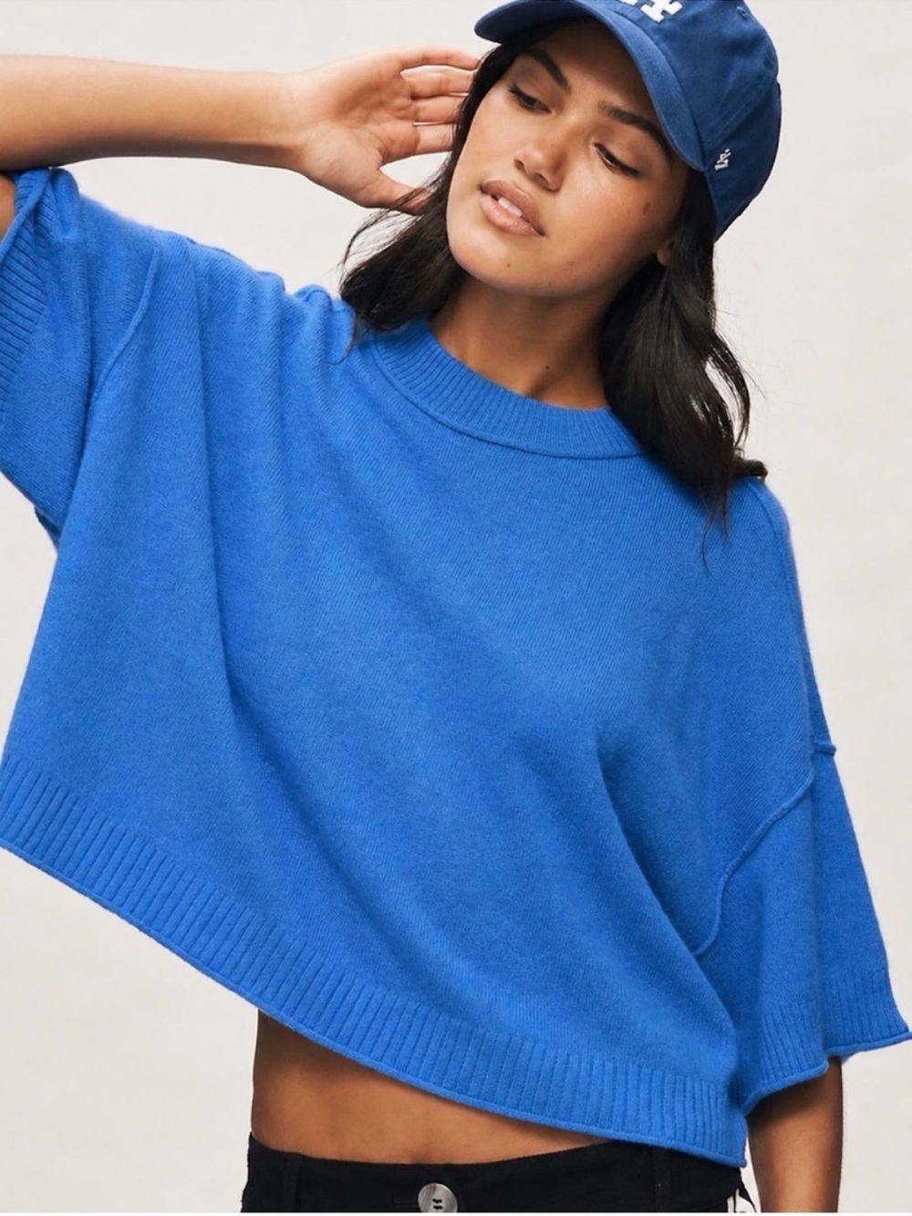 Anthropologie Goldie Crew Neck Cashmere Sweater Short Sleeve Top Blue Medium NEW